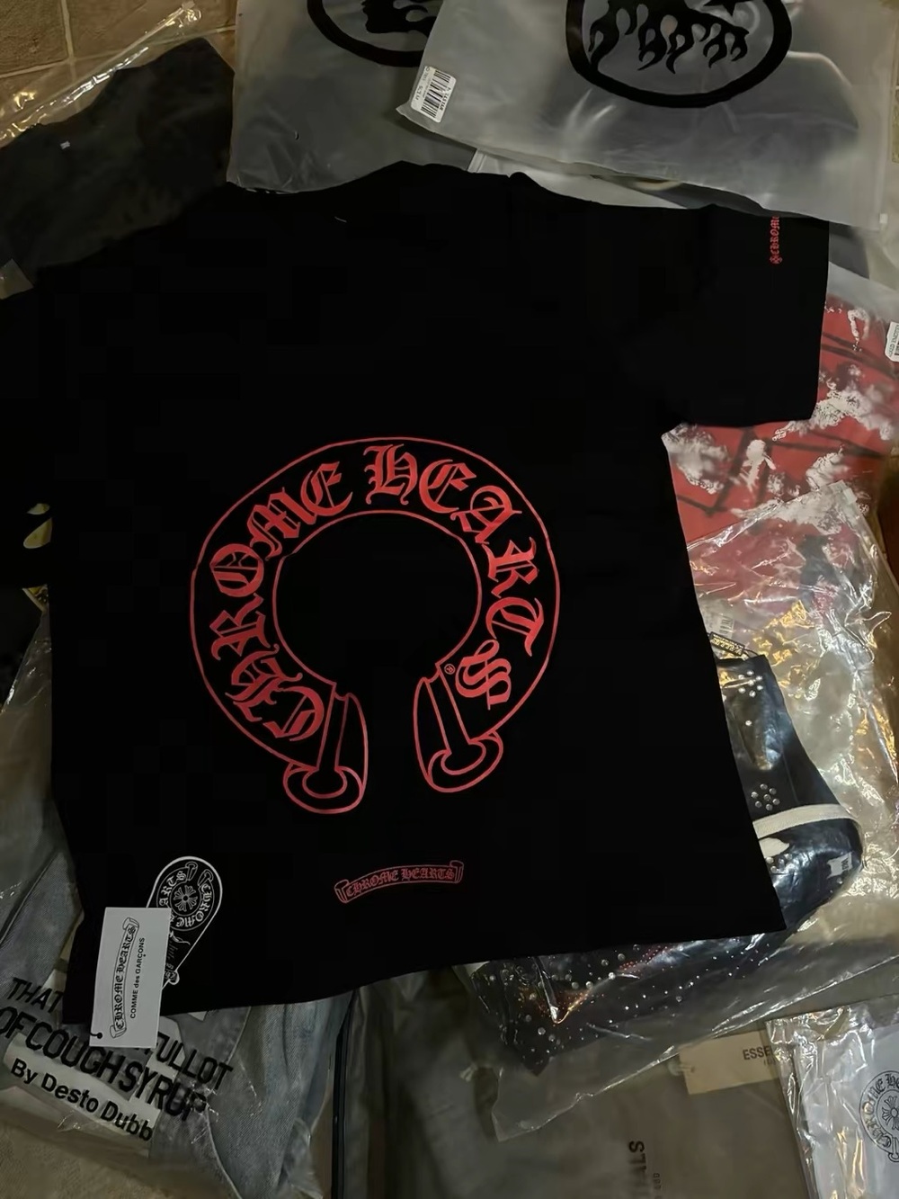 Chrome Hearts Black Kids Tee with Red Horseshoe Logo
